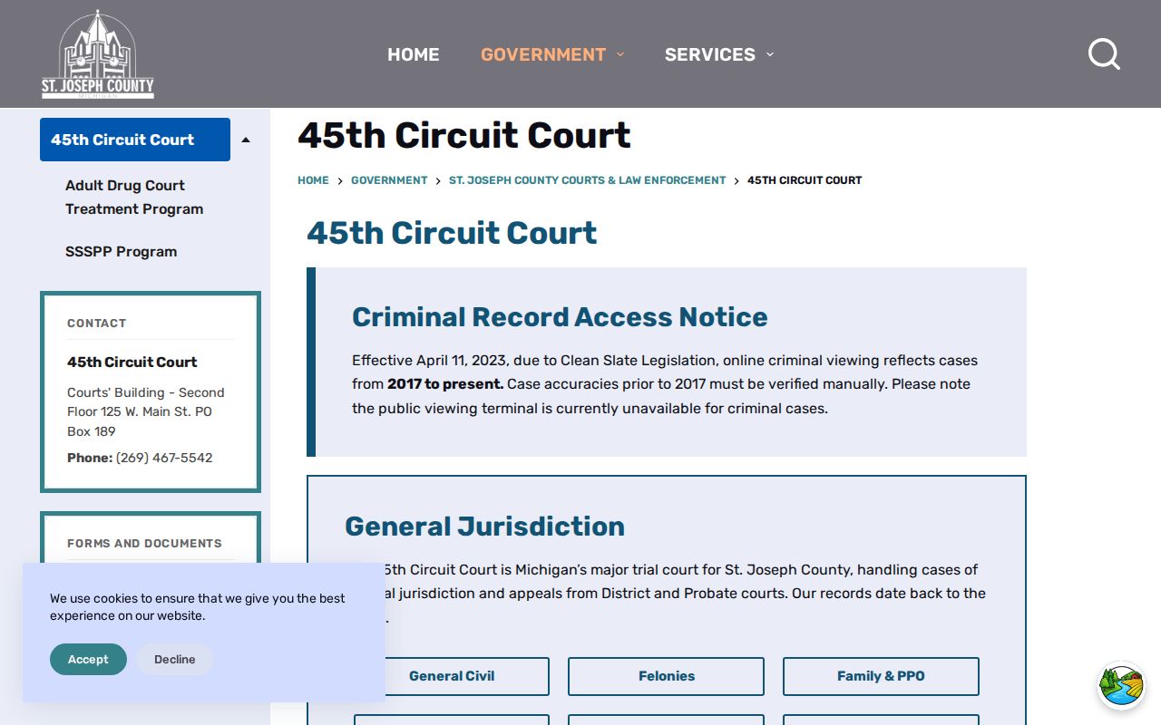 St. Joseph County criminal court cases at 45th Circuit Court