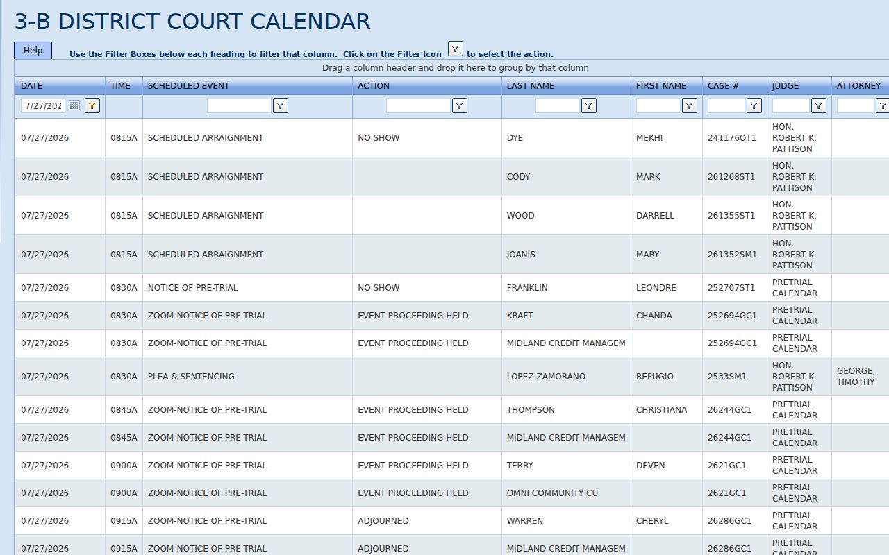 St. Joseph County criminal court daily calendar fields
