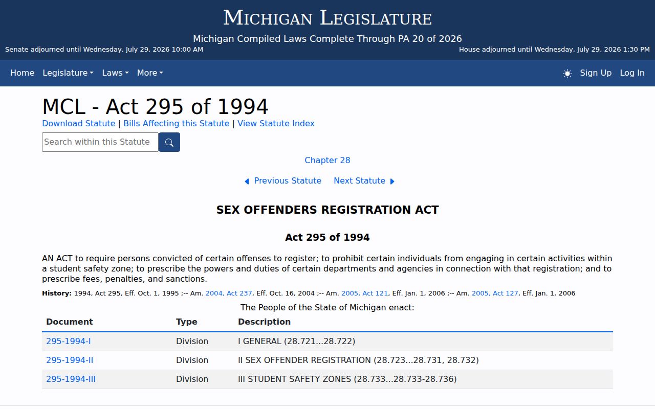 Michigan law governing St. Joseph County sex offender registry duties